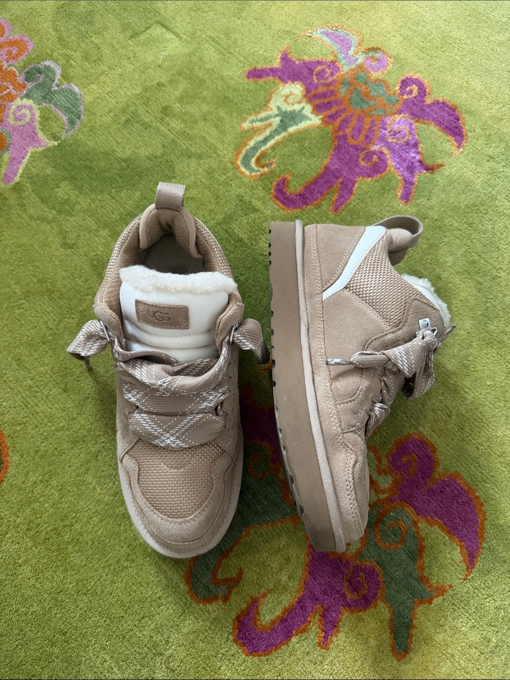 UGG Tan Suede Lace-Up Sneaker Boots with Shearling Trim